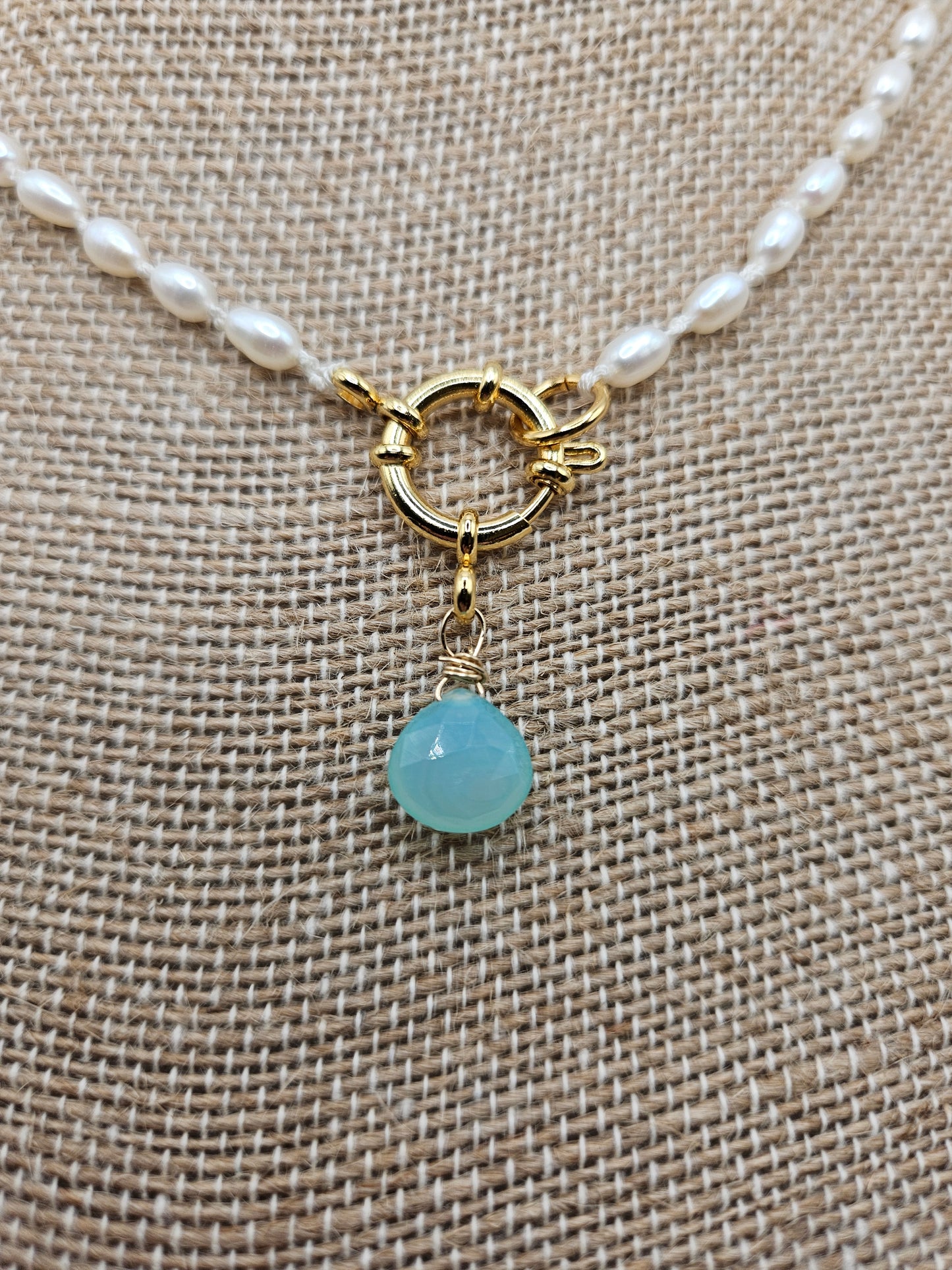 Genuine Freshwater Rice Pearl & Blue Chalcedony Briolette Pendant (Removeable) 14k GF Necklace