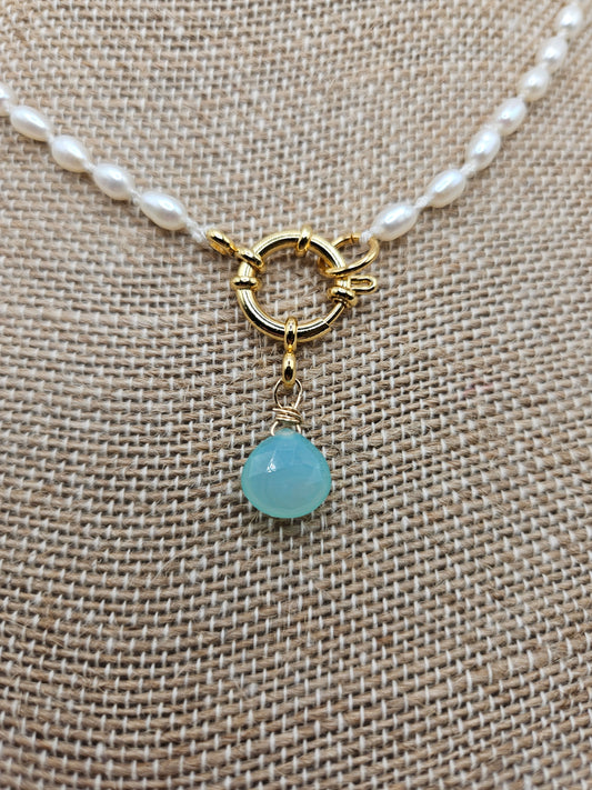 Genuine Freshwater Rice Pearl & Blue Chalcedony Briolette Pendant (Removeable) 14k GF Necklace