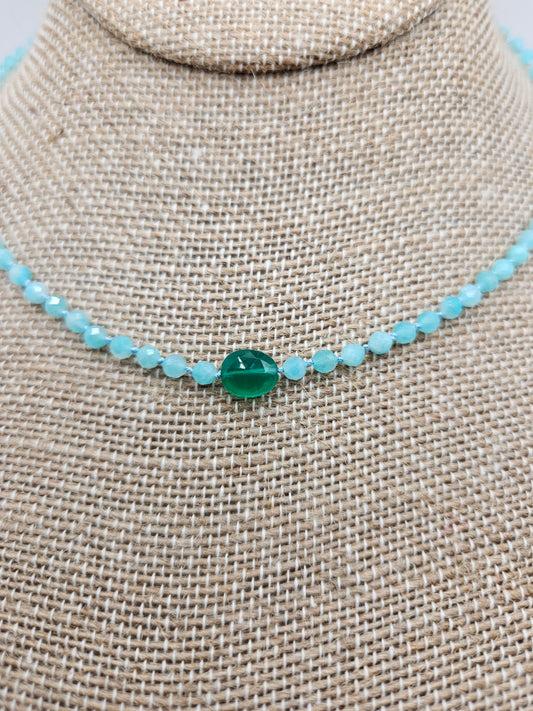 Genuine Amazonite with Natural Emerald Focal 14k GF Strand Necklace