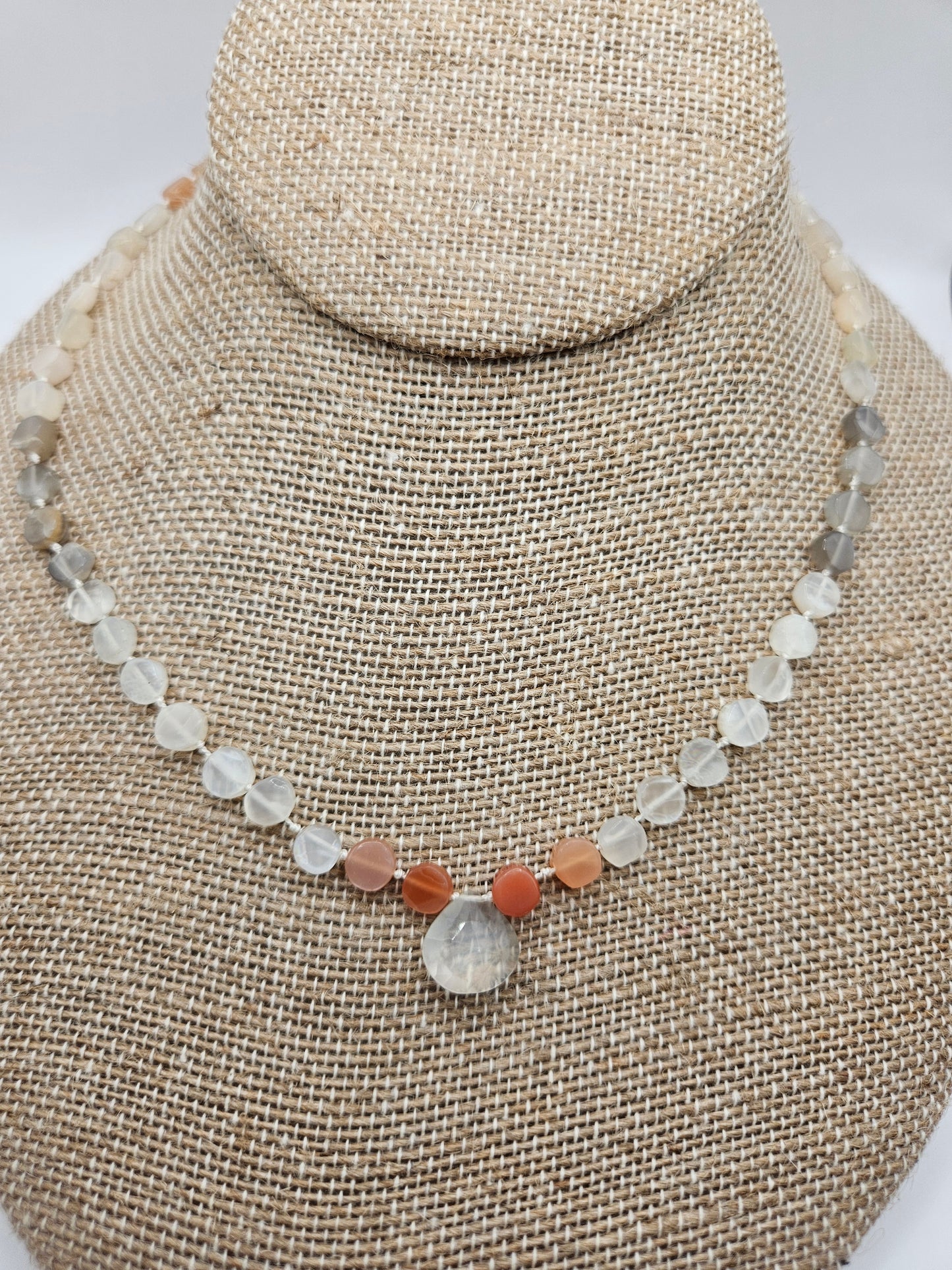 Peach Moonstone Coins & 5 Focal Briolettes Knotted Silk Necklace on 14k GF Clasp