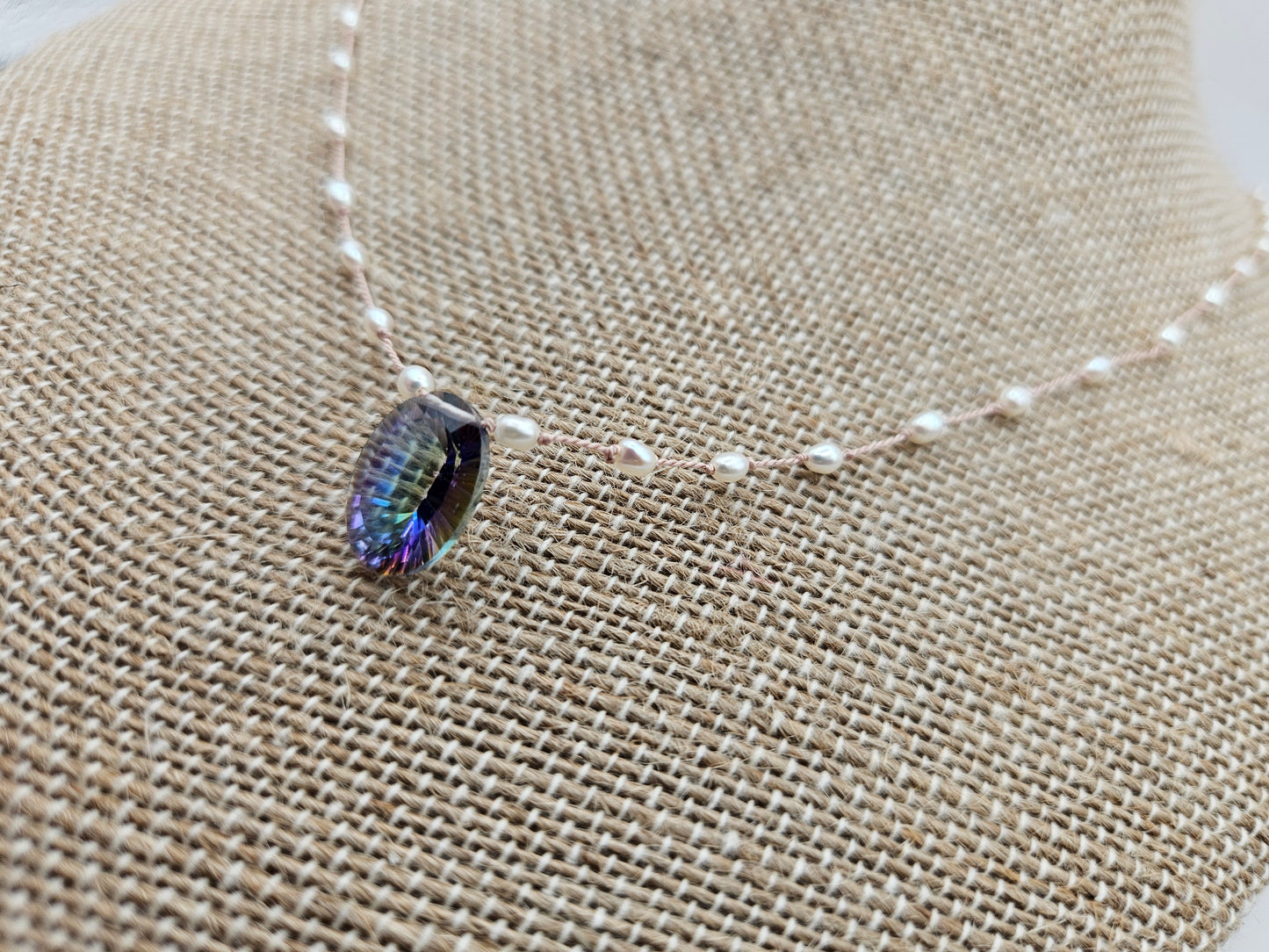 Genuine Freshwater Pearl & Mystic Topaz Focal Floating Silk Cord 14k GF Clasp Necklace