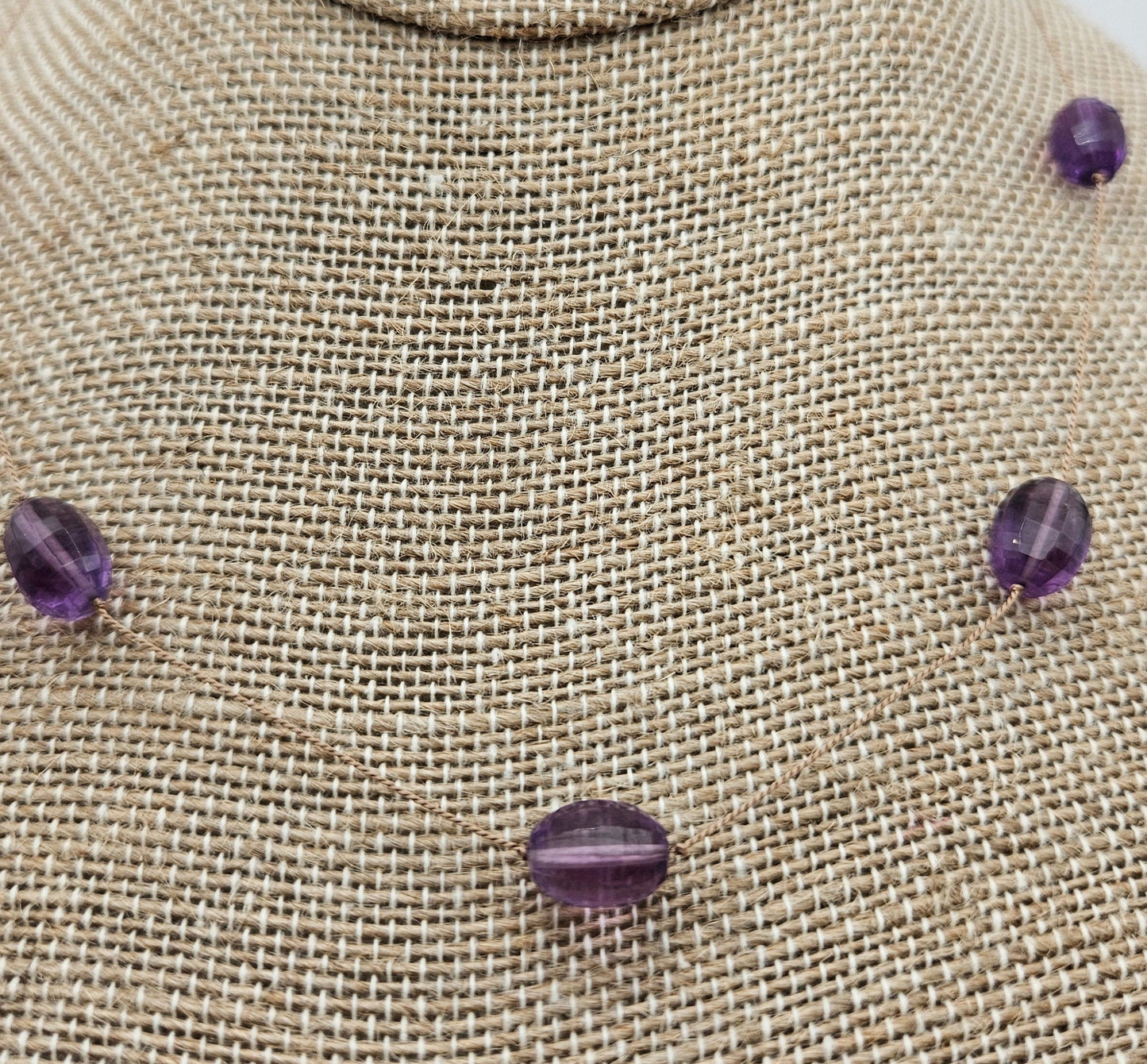 Genuine Amethyst Faceted 9mm Oval Beads Floating Silk Cord 14k GF Clasp Necklace