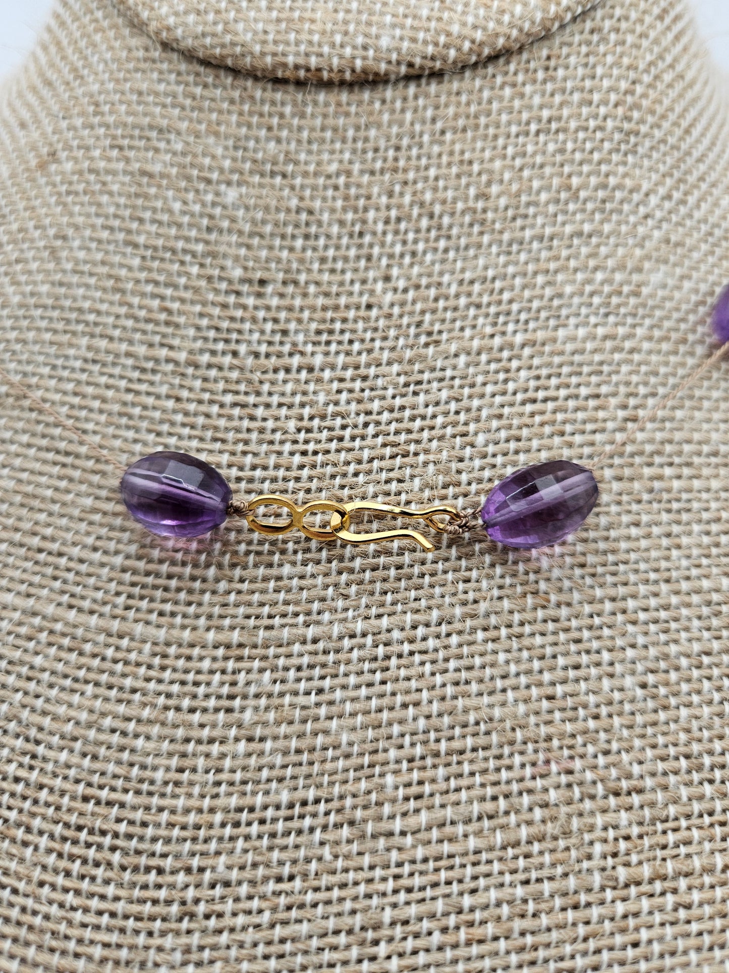 Genuine Amethyst Faceted 9mm Oval Beads Floating Silk Cord 14k GF Clasp Necklace