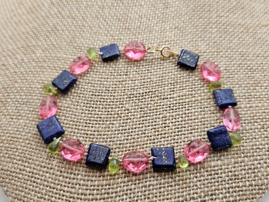 Genuine Lapis Peridot Pink Quartz Bead 14k GF Bracelet (6"-9")