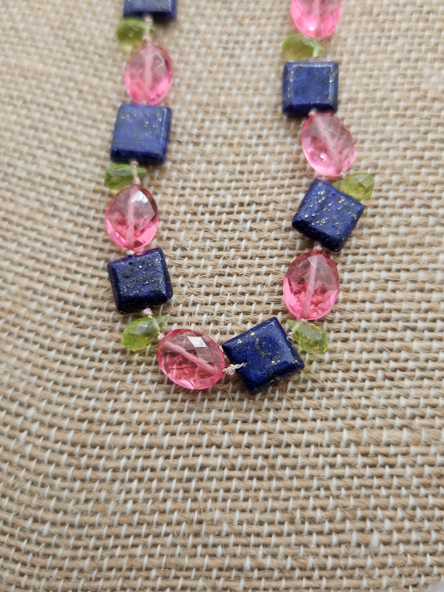 Genuine Lapis Peridot Pink Quartz Bead 14k GF Bracelet (6"-9")