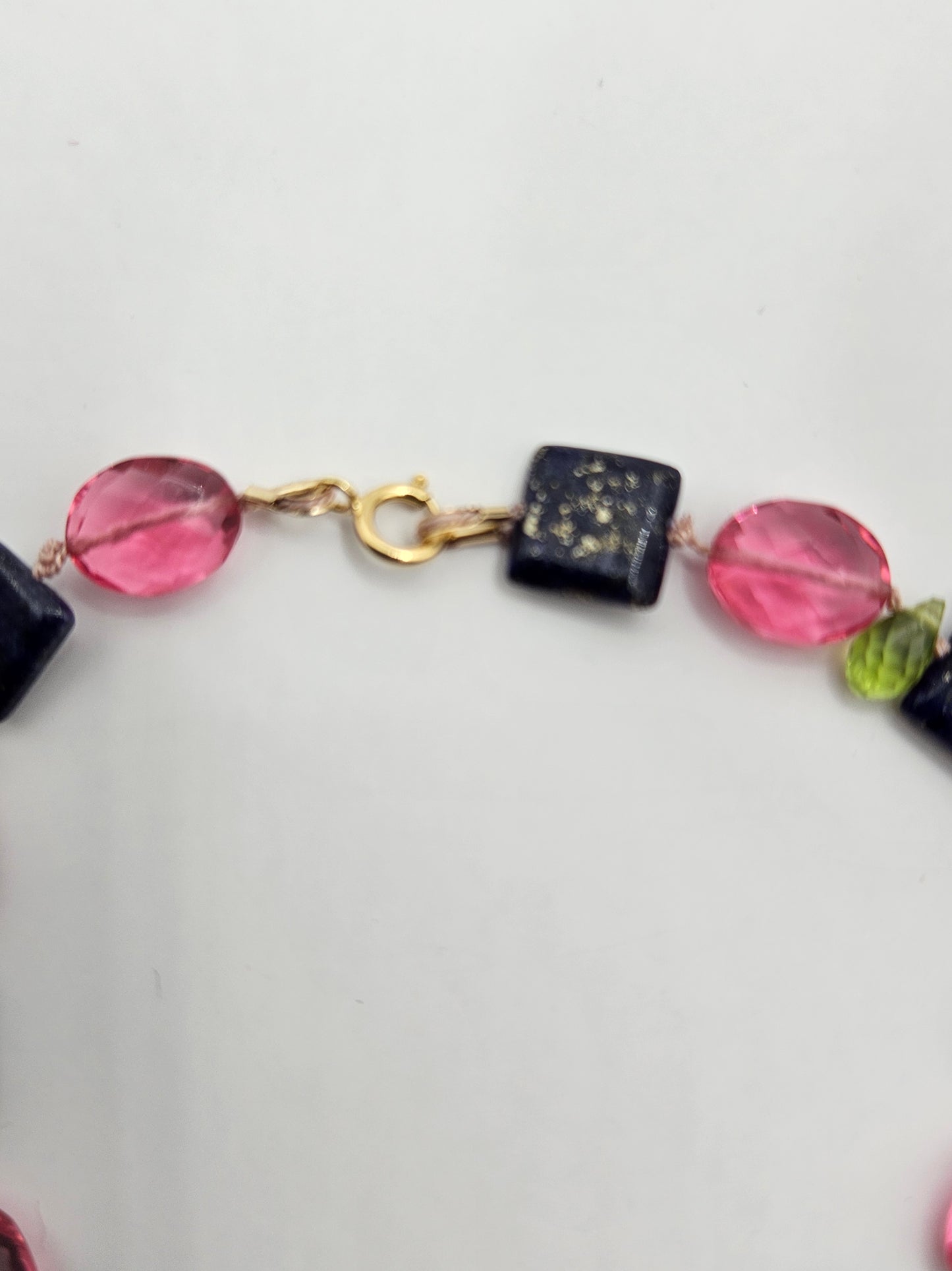 Genuine Lapis Peridot Pink Quartz Bead 14k GF Bracelet (6"-9")