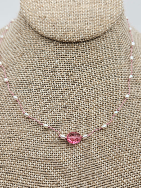 Genuine Freshwater Pearl & Faceted Pink Quartz Oval Focal Floating Silk Cord 14k GF Necklace