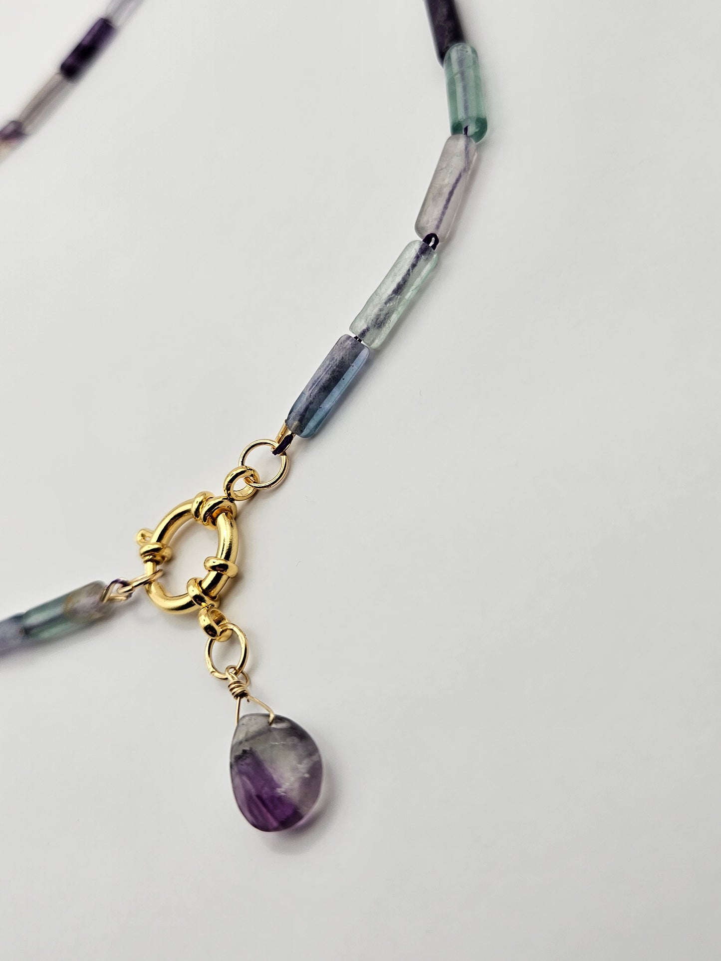 Genuine Fluorite Tube Bead Sailor Clasp Drop Pendant 14k GF Necklace