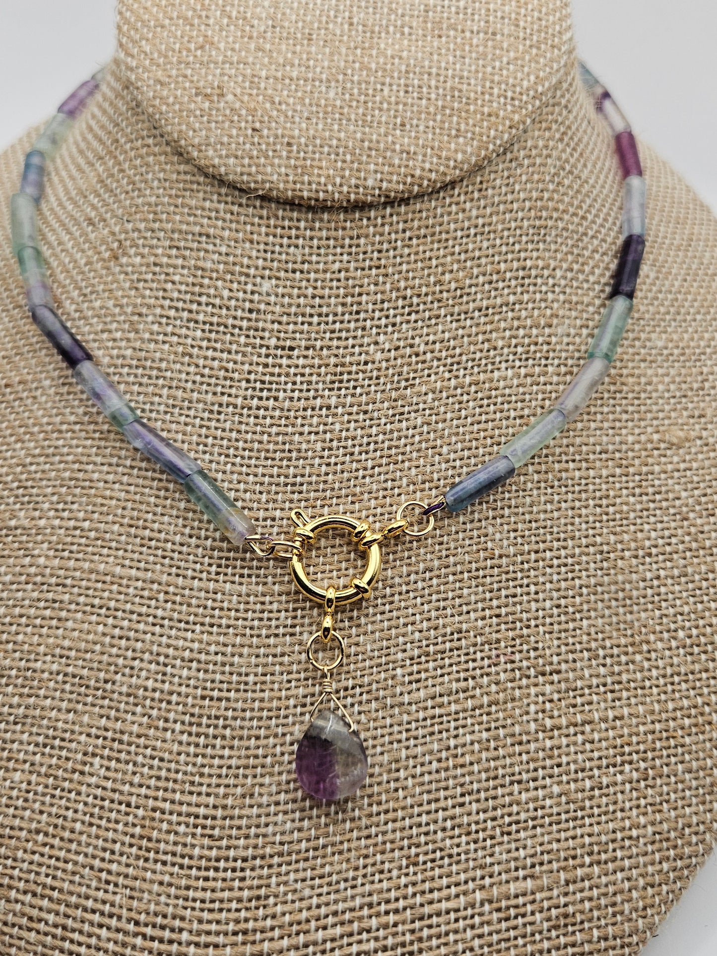 Genuine Fluorite Tube Bead Sailor Clasp Drop Pendant 14k GF Necklace