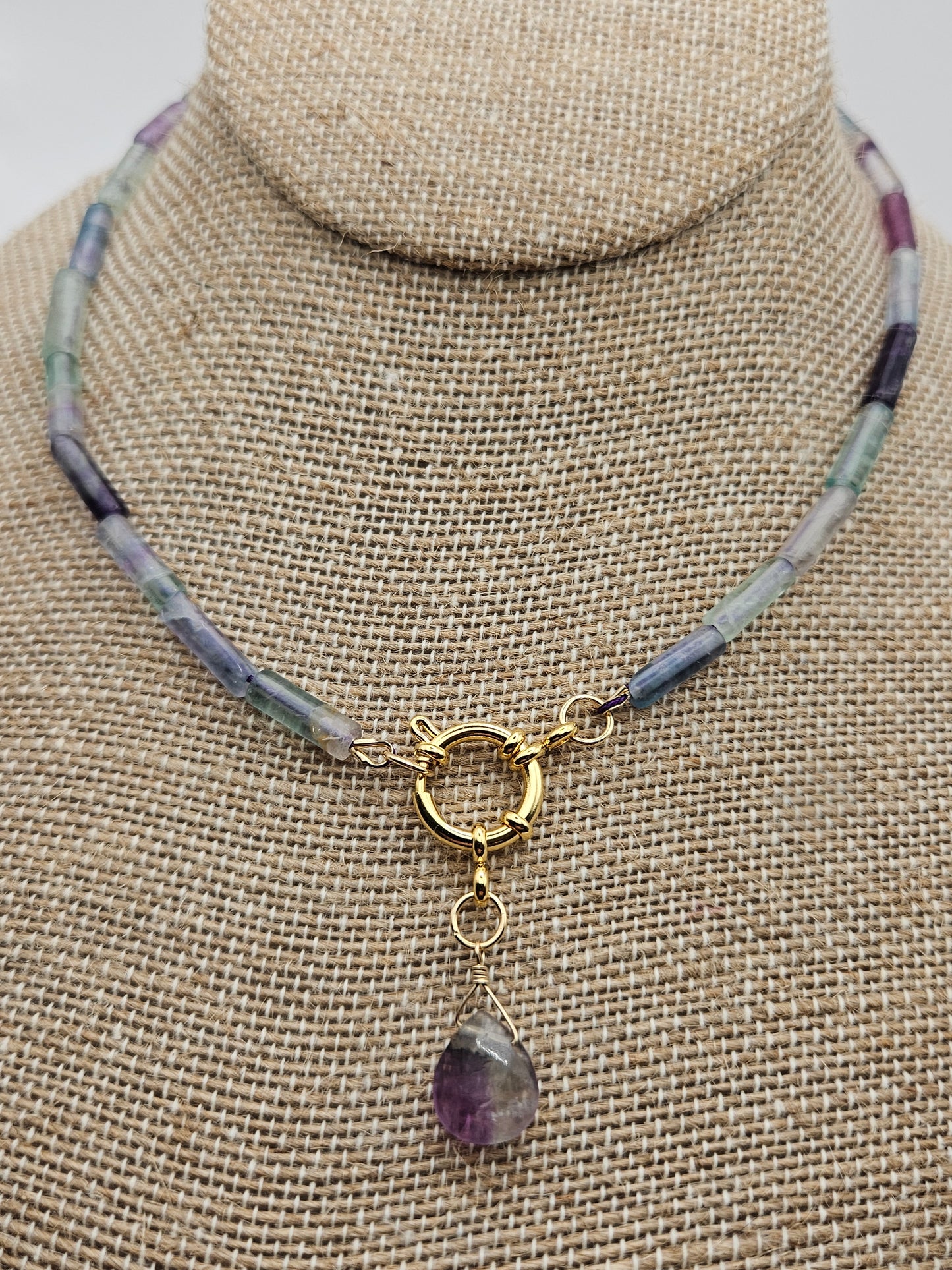 Genuine Fluorite Tube Bead Sailor Clasp Drop Pendant 14k GF Necklace