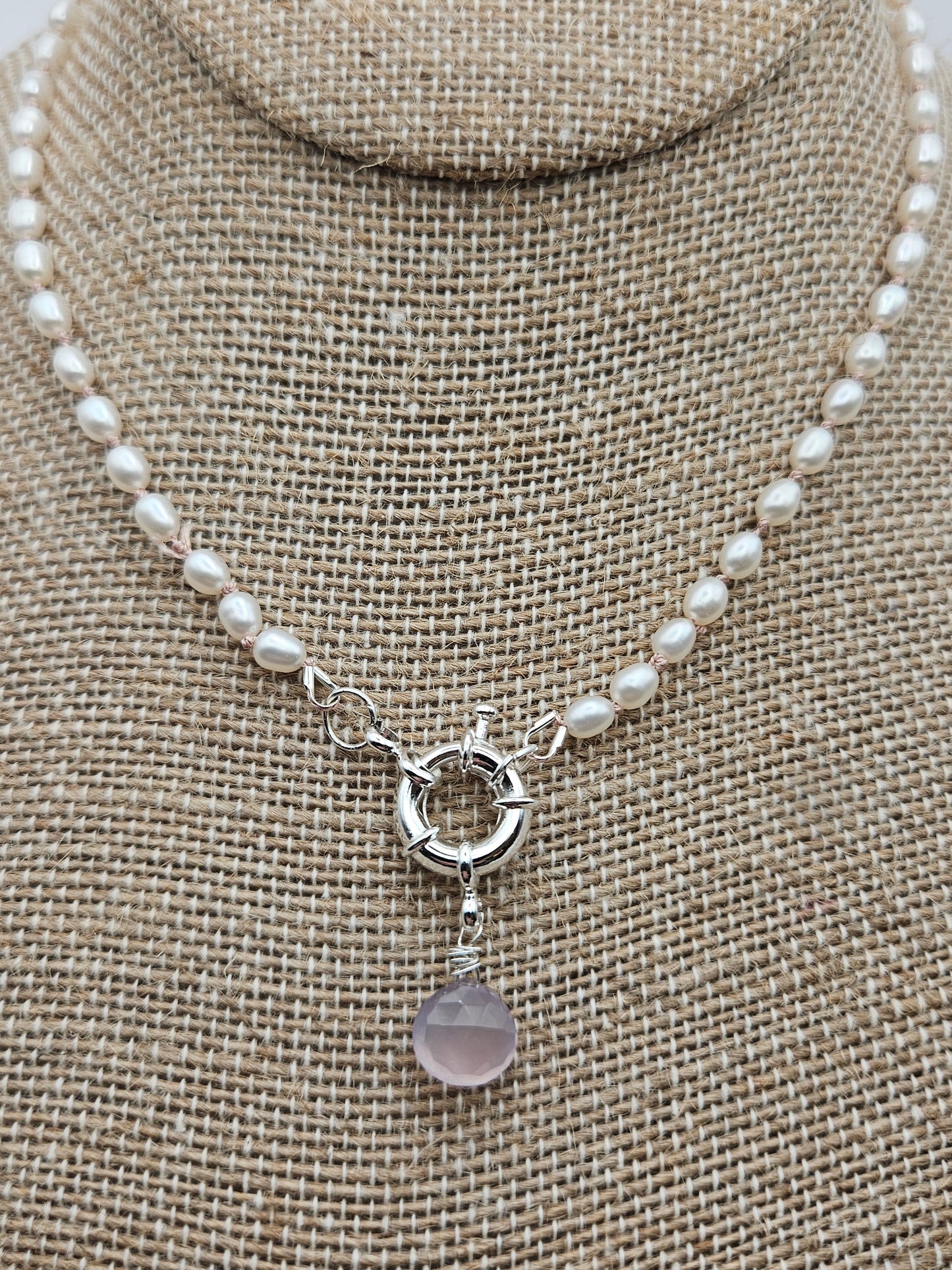 Genuine Freshwater Rice Pearl & Chalcedony Briolette Pendant 14k GF Necklace