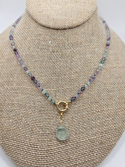 Genuine Fluorite 3mm Faceted Bead & Removable 16mm Faceted Tear Drop Pendant 14k GF Necklace