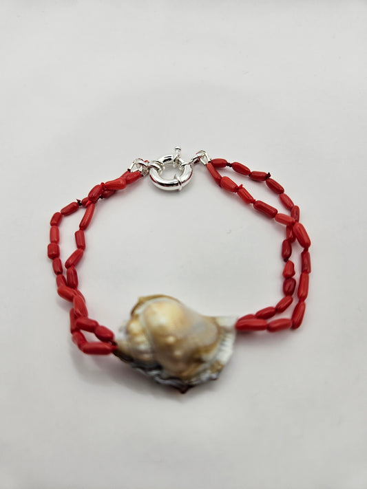 Genuine Red Italian Coral & Vintage Lucite Shell 14k GF Bracelet