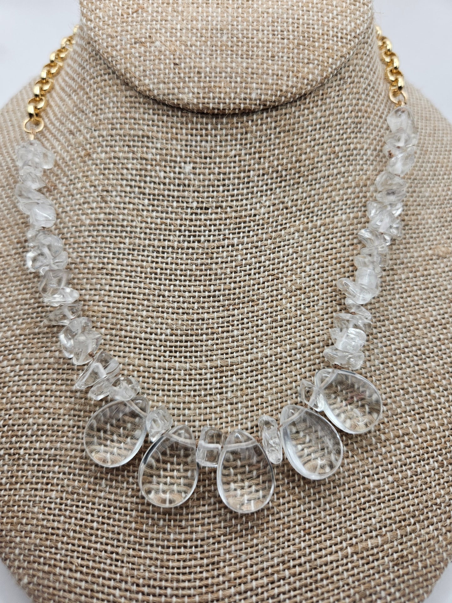 Genuine Clear Quartz Nugget & Tear Drop Bead & 14k GF Chain Necklace