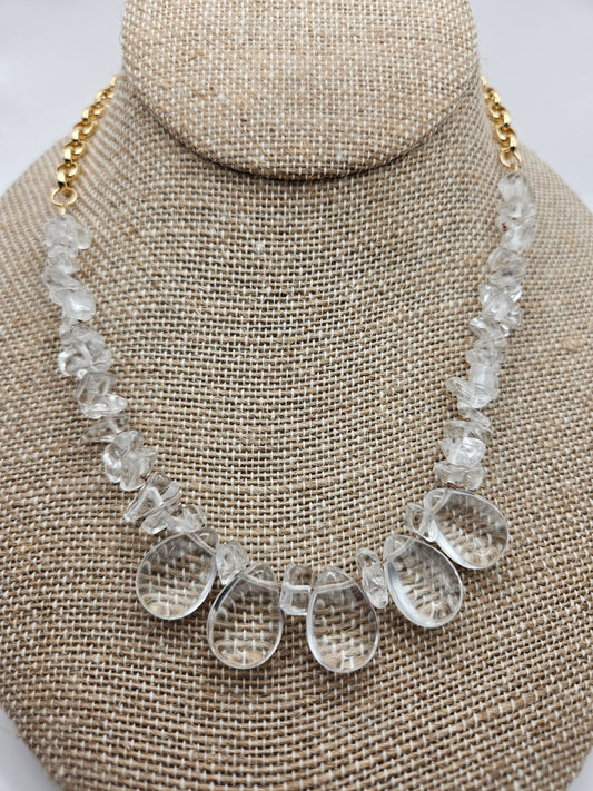 Genuine Clear Quartz Nugget & Tear Drop Bead & 14k GF Chain Necklace