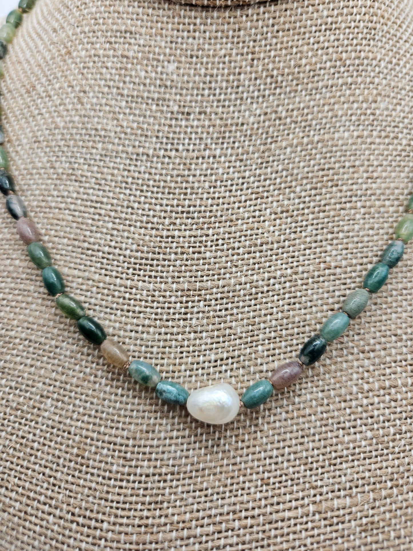 Genuine Indian Agate & Freshwater Baroque Pearl Focal 14k GF Strand Necklace