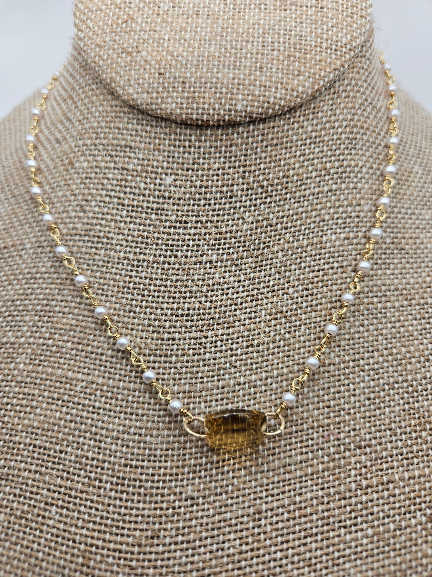 Genuine Citrine Face Cut Focal on Freshwater Pearl Rosary Chain Necklace 14k GF