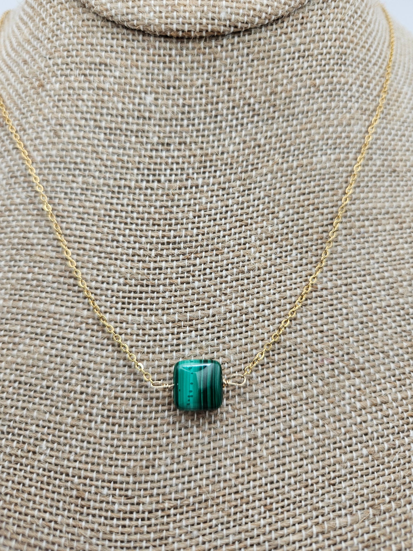 Genuine Malachite 10mm Smooth Cushion Bead on 14k Gold Filled (white or yellow) Cable Chain Necklace