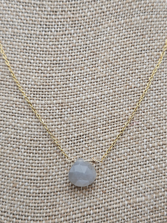 Genuine Silver/Grey Moonstone Faceted Heart Drop on 14k Gold Filled (white or yellow) Cable Chain Necklace