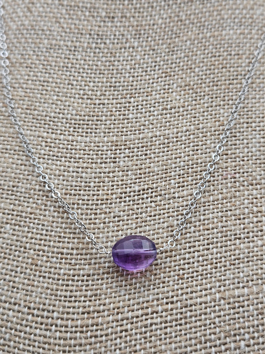 Genuine Faceted 12mm Oval Amethyst Bead on 14k Gold Filled (white or yellow) Cable Chain Necklace