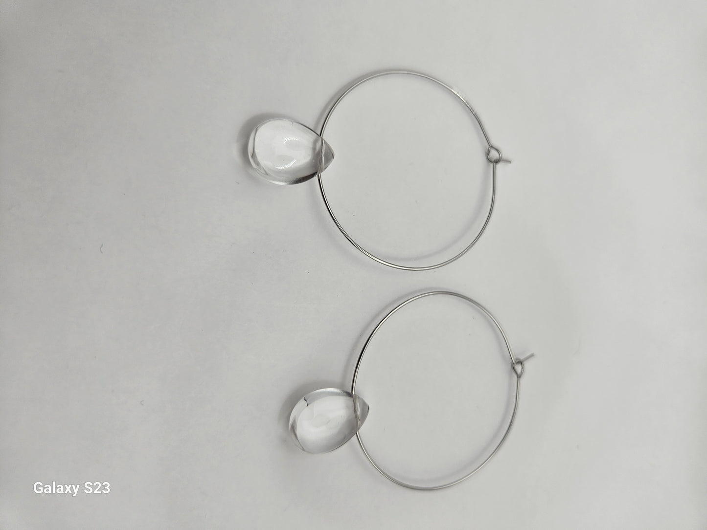 Genuine Clear Quartz Smooth Tear Drop Bead on 2" 14k GF Hoop Earrings (Yellow or White Gold)