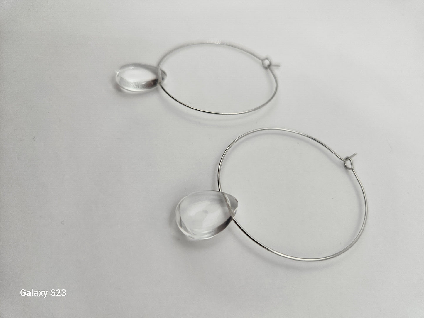 Genuine Clear Quartz Smooth Tear Drop Bead on 2" 14k GF Hoop Earrings (Yellow or White Gold)