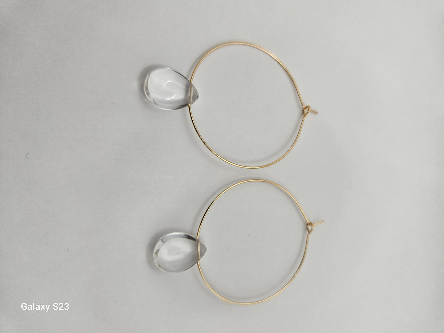 Genuine Clear Quartz Smooth Tear Drop Bead on 2" 14k GF Hoop Earrings (Yellow or White Gold)