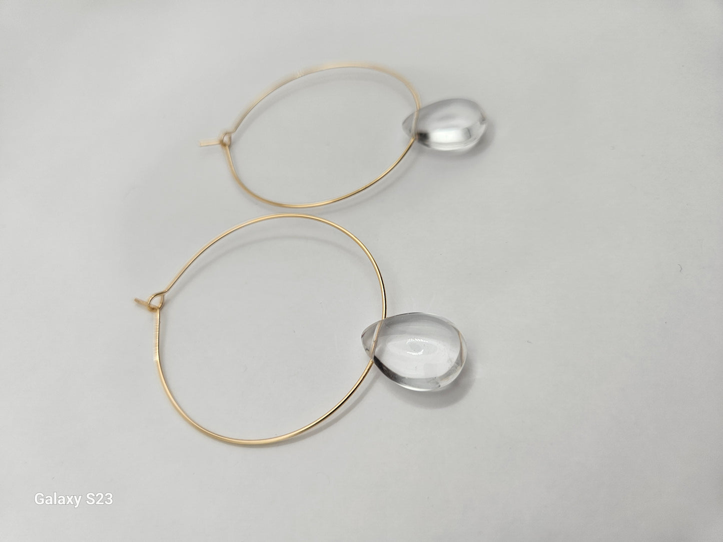 Genuine Clear Quartz Smooth Tear Drop Bead on 2" 14k GF Hoop Earrings (Yellow or White Gold)