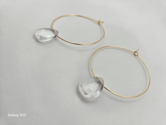 Genuine Clear Quartz Smooth Tear Drop Bead on 2" 14k GF Hoop Earrings (Yellow or White Gold)