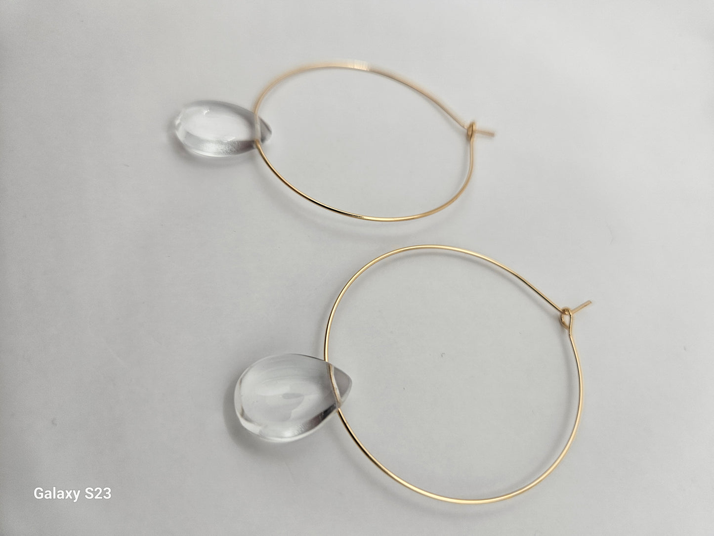 Genuine Clear Quartz Smooth Tear Drop Bead on 2" 14k GF Hoop Earrings (Yellow or White Gold)