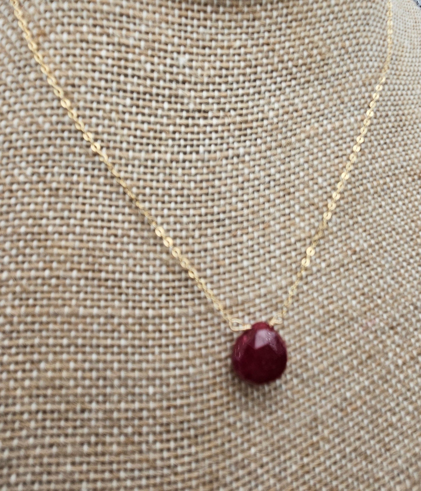 Genuine Natural Ruby Drop on 14k Gold Filled (white or yellow) Cable Chain Necklace