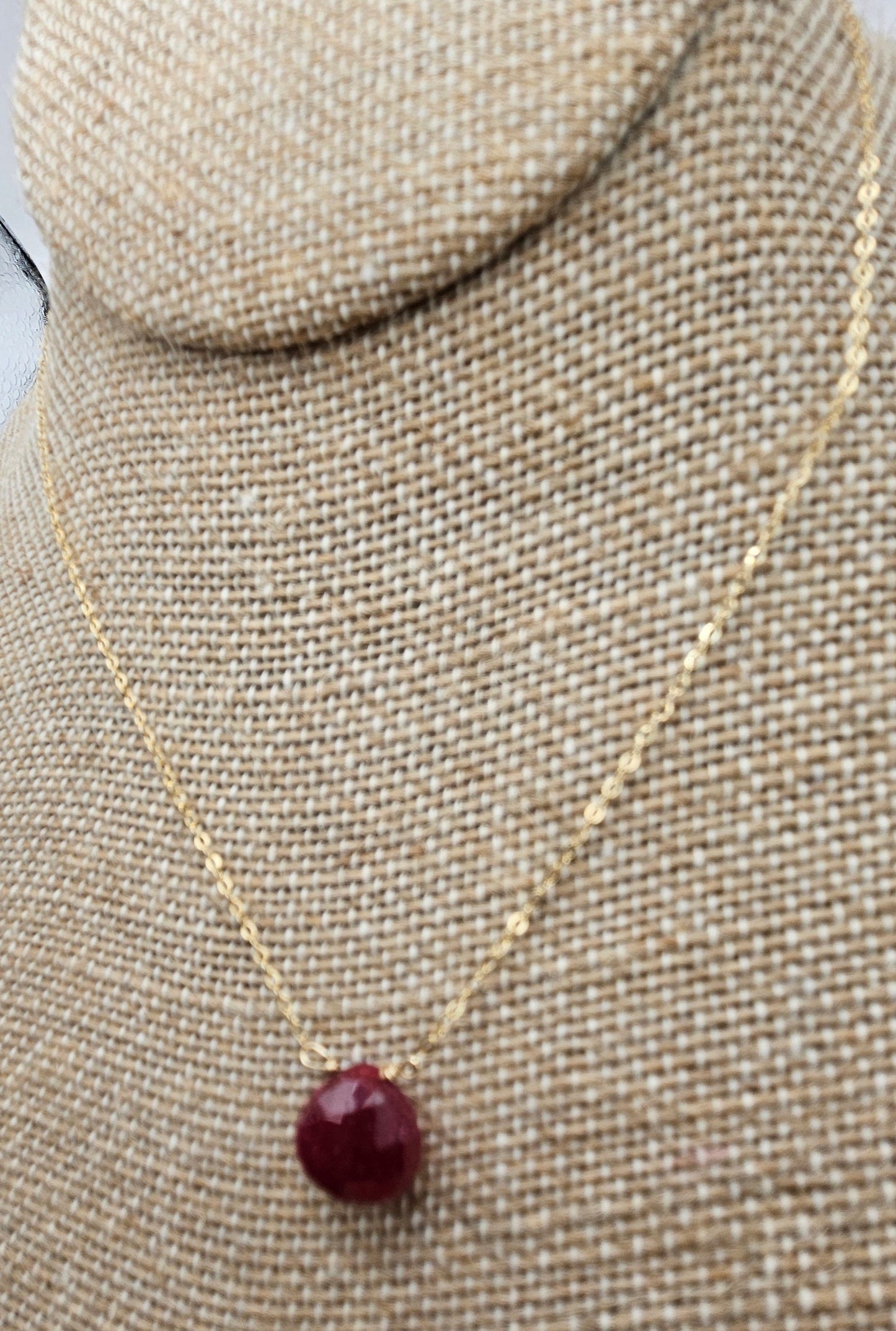 Genuine Natural Ruby Drop on 14k Gold Filled (white or yellow) Cable Chain Necklace