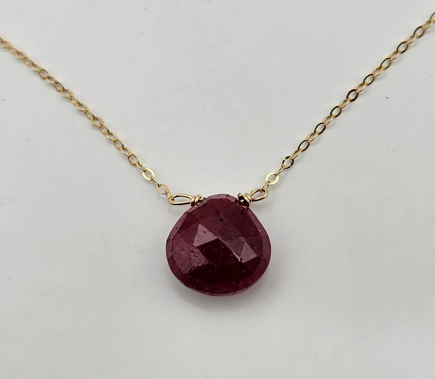 Genuine Natural Ruby Drop on 14k Gold Filled (white or yellow) Cable Chain Necklace