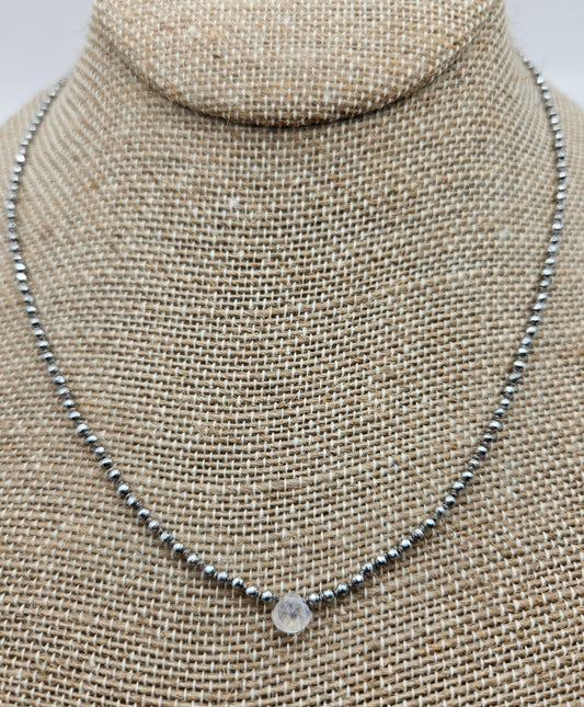 Genuine Faceted Silver Hematite Strand w/ Pear Shaped Moonstone 14k GF Necklace