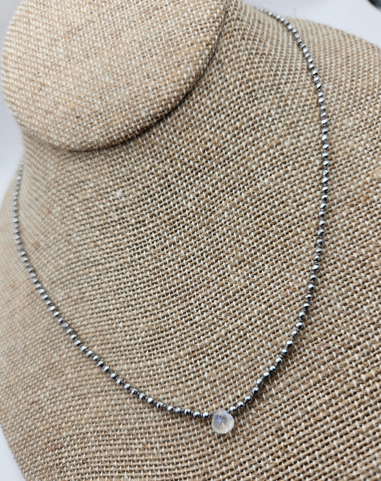 Genuine Faceted Silver Hematite Strand w/ Pear Shaped Moonstone 14k GF Necklace