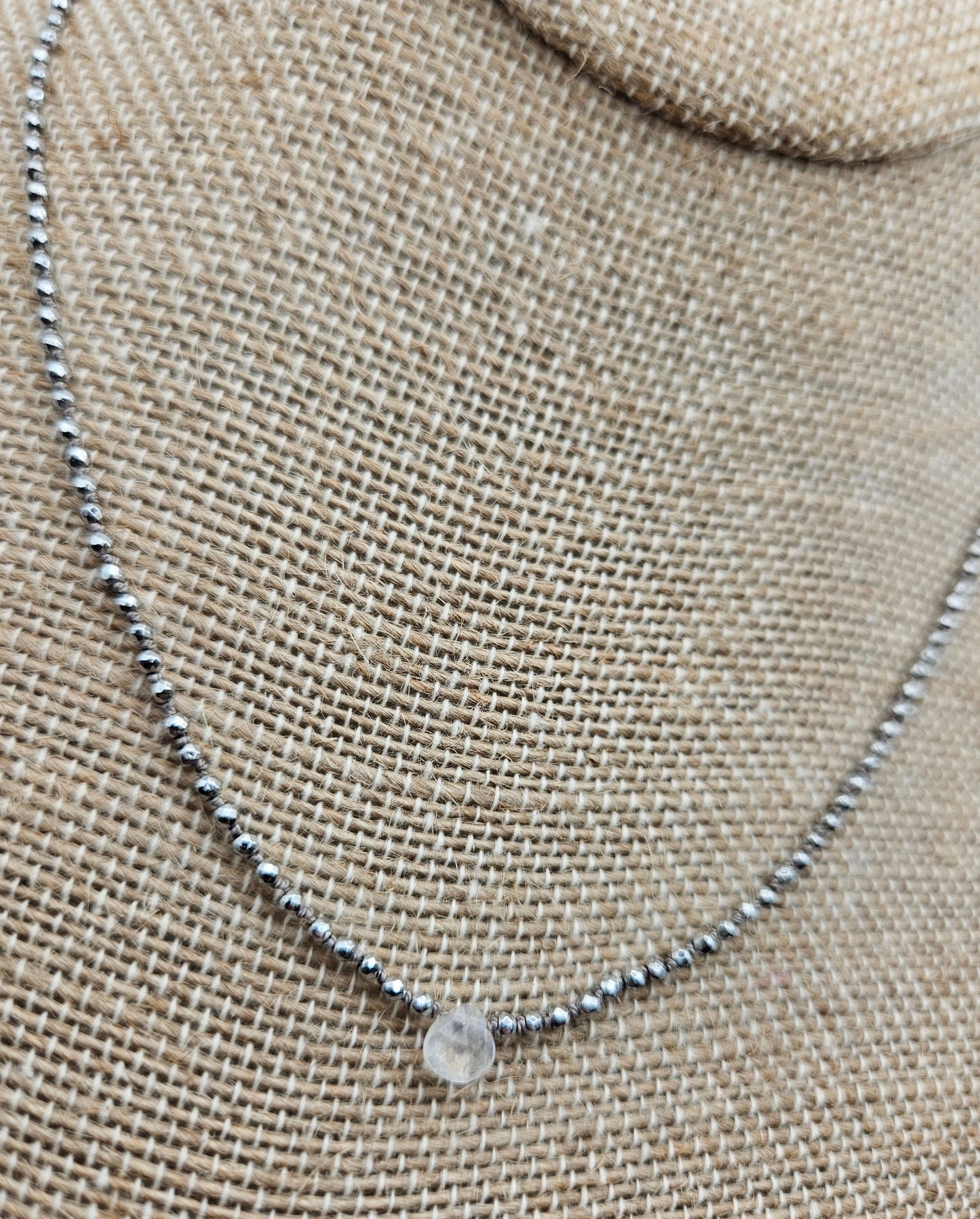 Genuine Faceted Silver Hematite Strand w/ Pear Shaped Moonstone 14k GF Necklace