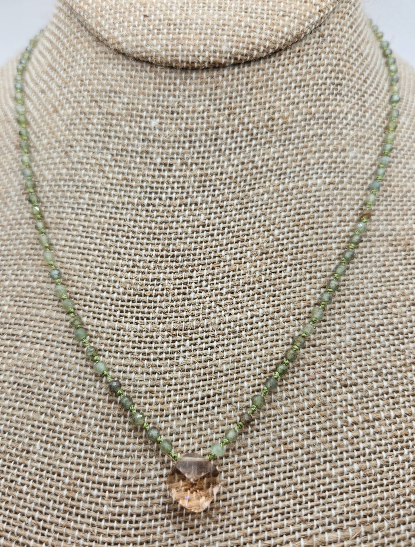 Genuine Faceted Green Apatite Strand & Champagne Quartz Face Cut Focal 14k GF Necklace