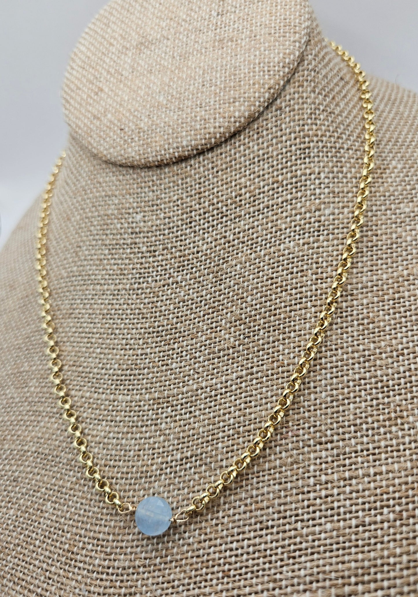 Genuine Aquamarine 14k Gold Filled (white or yellow) Rolo Chain Necklace