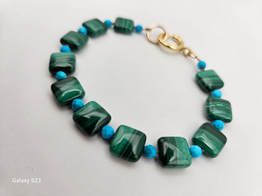 Malachite & Turquoise Beads Hand Knotted on  Silk Cord 14kgf Bracelet