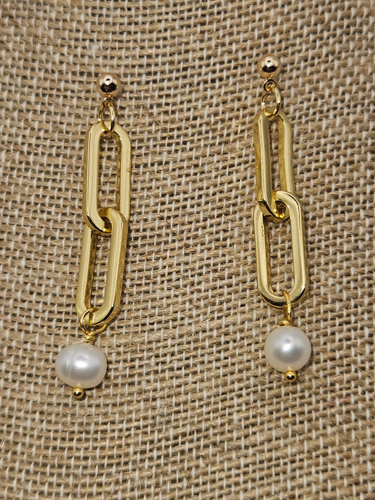 14k Gold Filled Freshwater Pearl Chain Link Drop Earrings