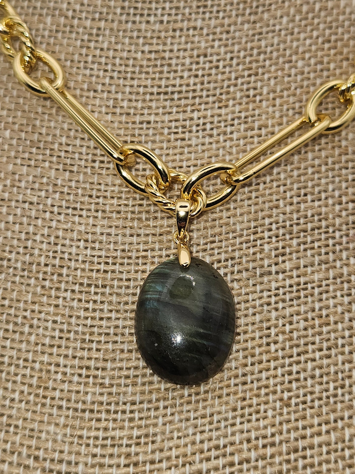 Labradorite Cabochon Pendant on 14k White or Yellow Gold-Filled Link Chain Necklace