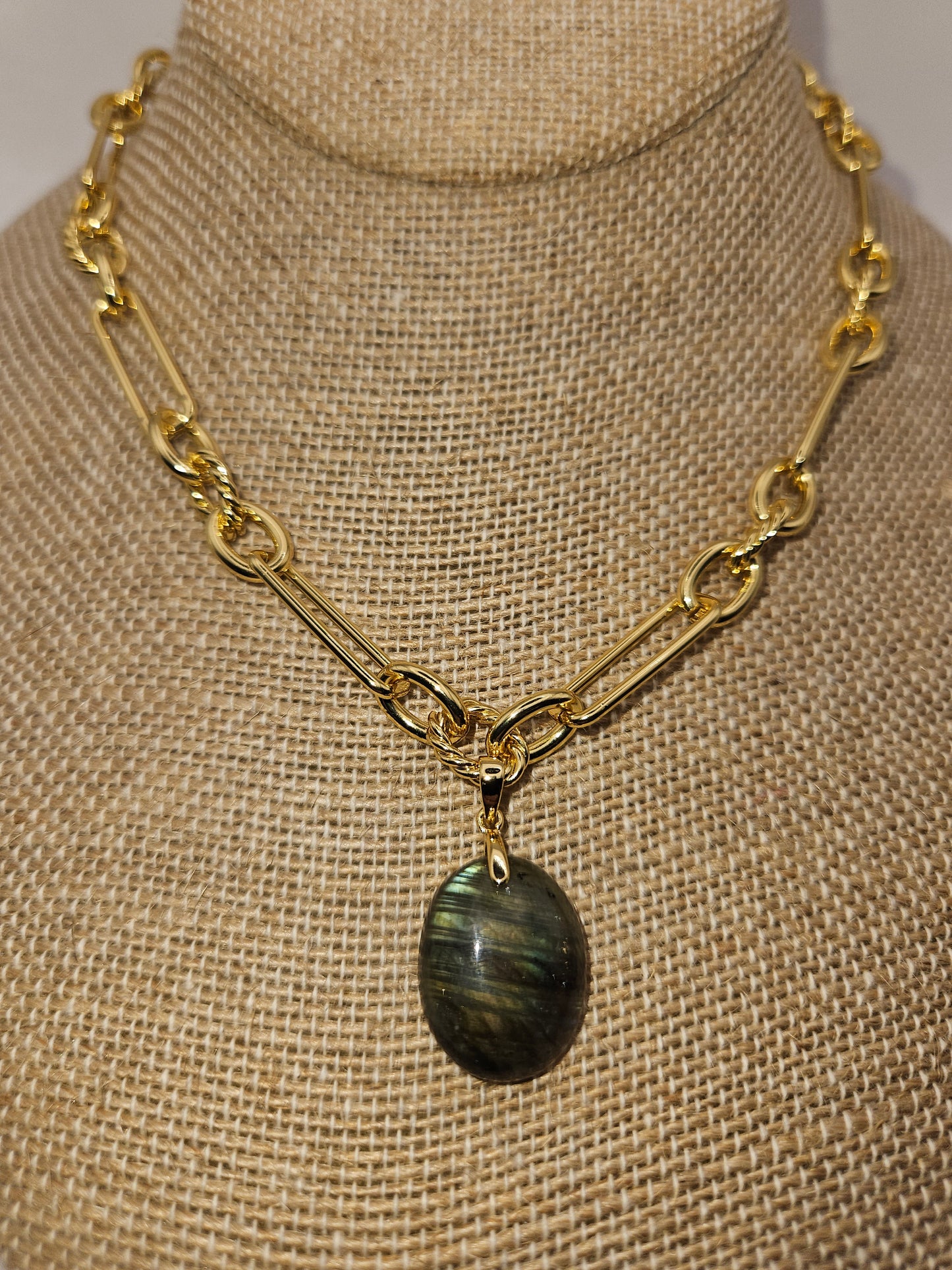 Labradorite Cabochon Pendant on 14k White or Yellow Gold-Filled Link Chain Necklace
