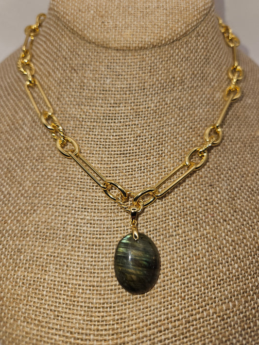 Labradorite Cabochon Pendant on 14k White or Yellow Gold-Filled Link Chain Necklace