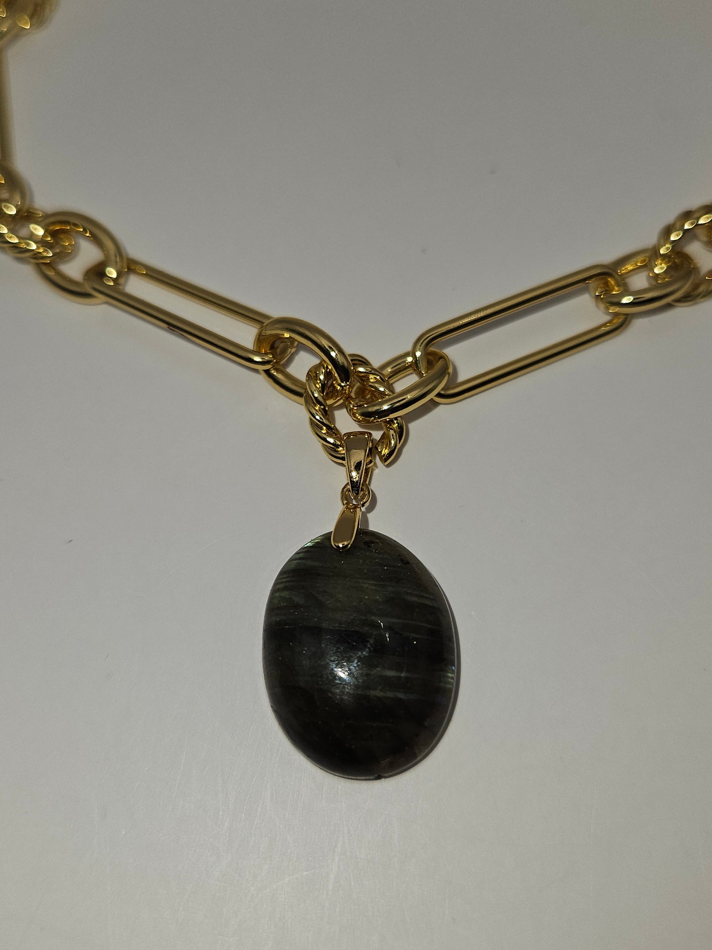 Labradorite Cabochon Pendant on 14k White or Yellow Gold-Filled Link Chain Necklace