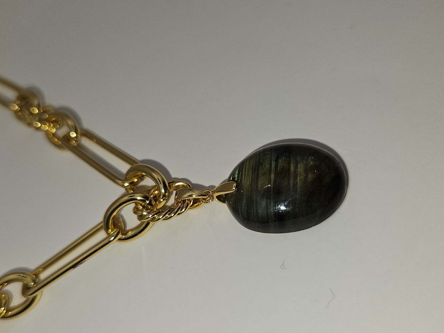 Labradorite Cabochon Pendant on 14k White or Yellow Gold-Filled Link Chain Necklace