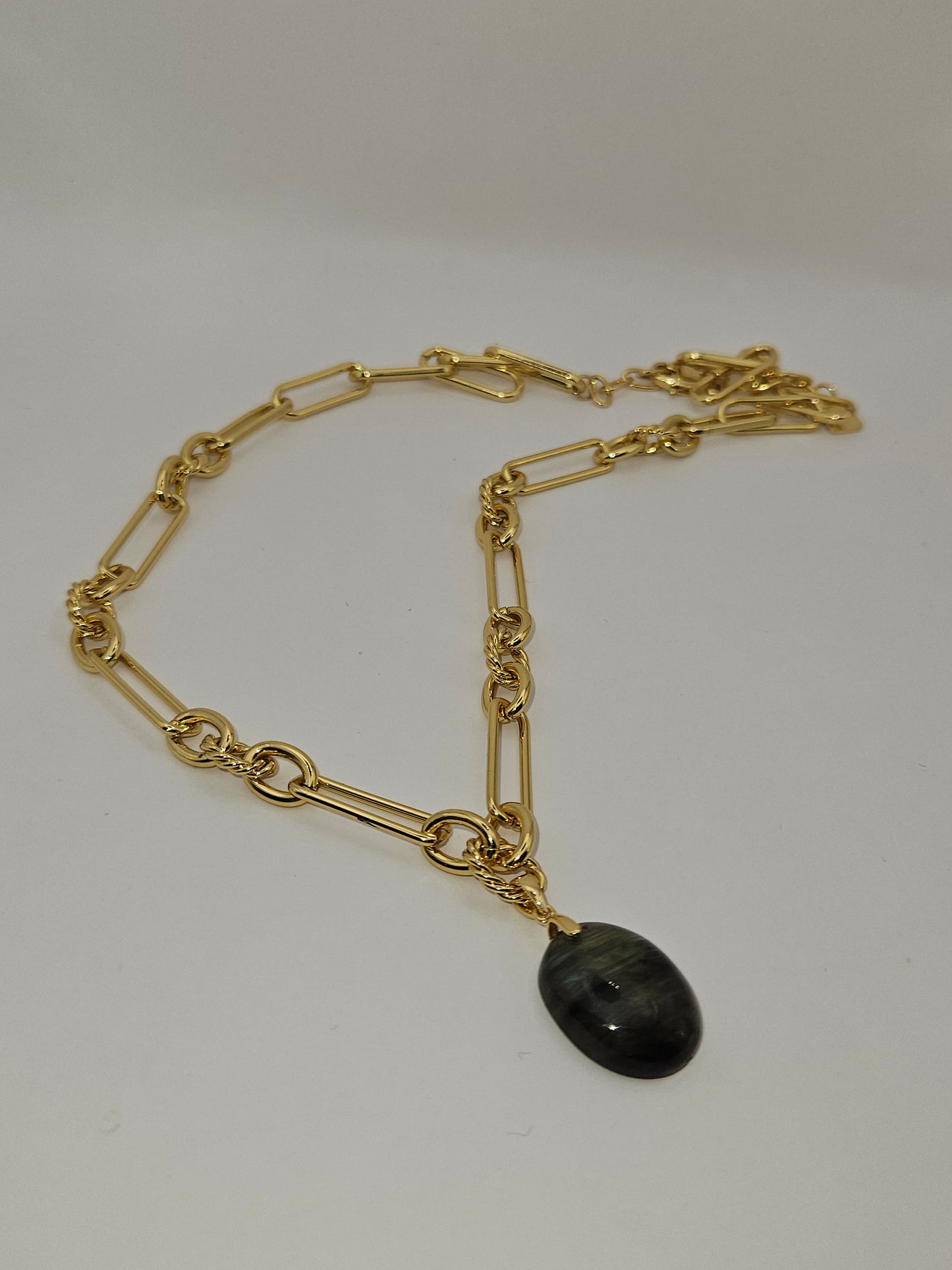 Labradorite Cabochon Pendant on 14k White or Yellow Gold-Filled Link Chain Necklace