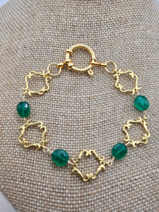 14k gf Natural Emerald & Vintage Link Large Clasp Bracelet