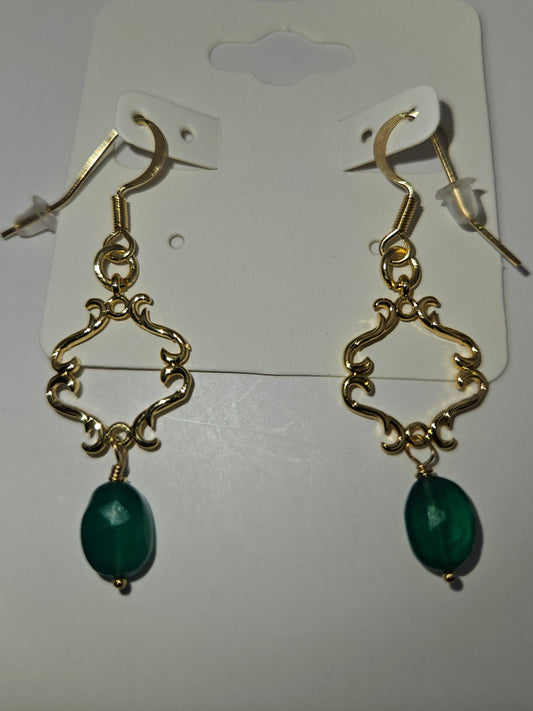 14k gf Natural Emerald & Vintage Link Dangle Earrings