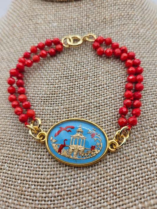 1950's Japanese Glass Reverse Painted Intaglio Red Coral 14kgf Bracelet