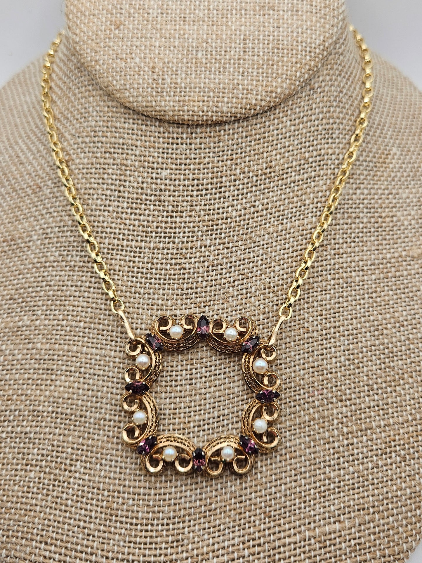 Vintage 1950's 12k Gold Filled Amethyst & Cultured Pearl Focal Chain Necklace
